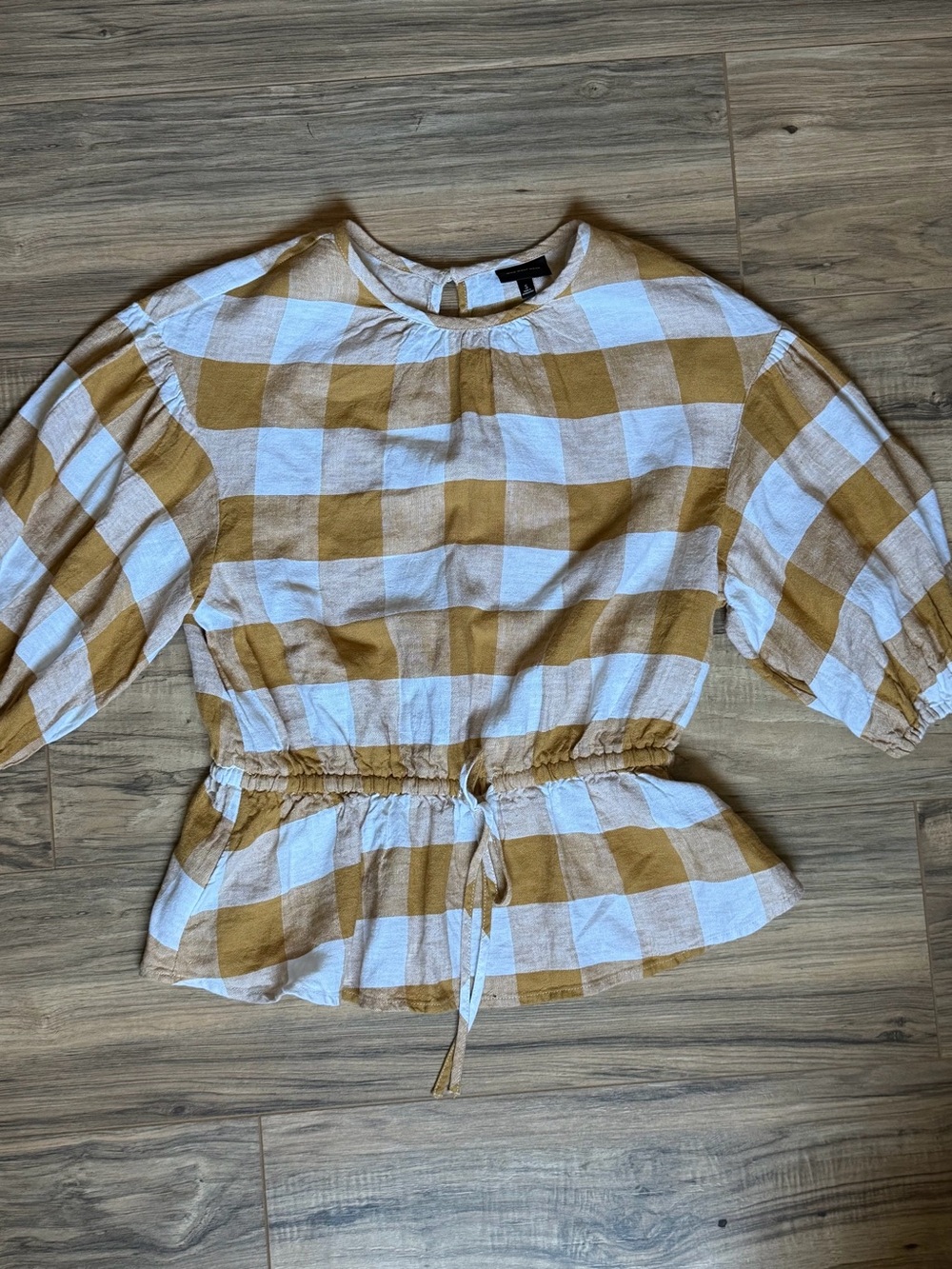 Who What Wear Size S Mustard and White Gingham Drawstring Peplum Top